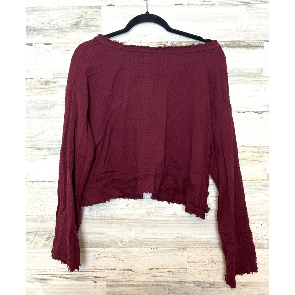 Free People Womens XS Burgundy Boho Long Sleeve Open Back Button Crop Top